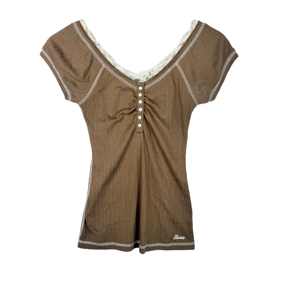 Guess Y2K Brown Lace Trim Henley Size M